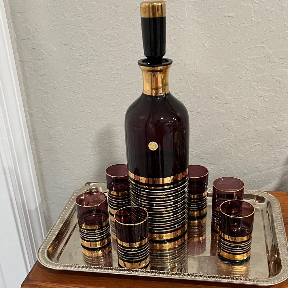 Czech 1962 MCAmethyst Cordial Decanter w 6 Glasses Gold Accents Original Tag